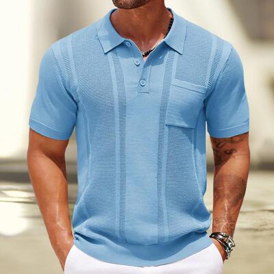 Men Stretch Acrylic Knit Polo Shirt Slim Chest Pocket Casual