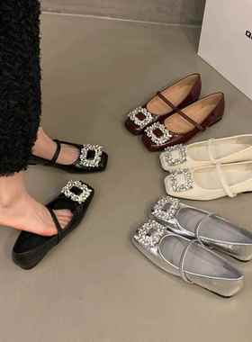 店主自留新款~平底银色玛丽珍单鞋女春秋真皮方头水钻法式晚晚鞋