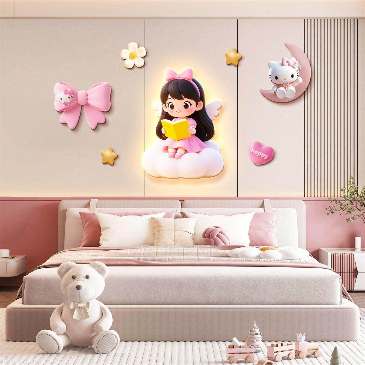 女孩卧室床头挂画儿童房装饰画公主房间布置背景墙壁灯画2026新款