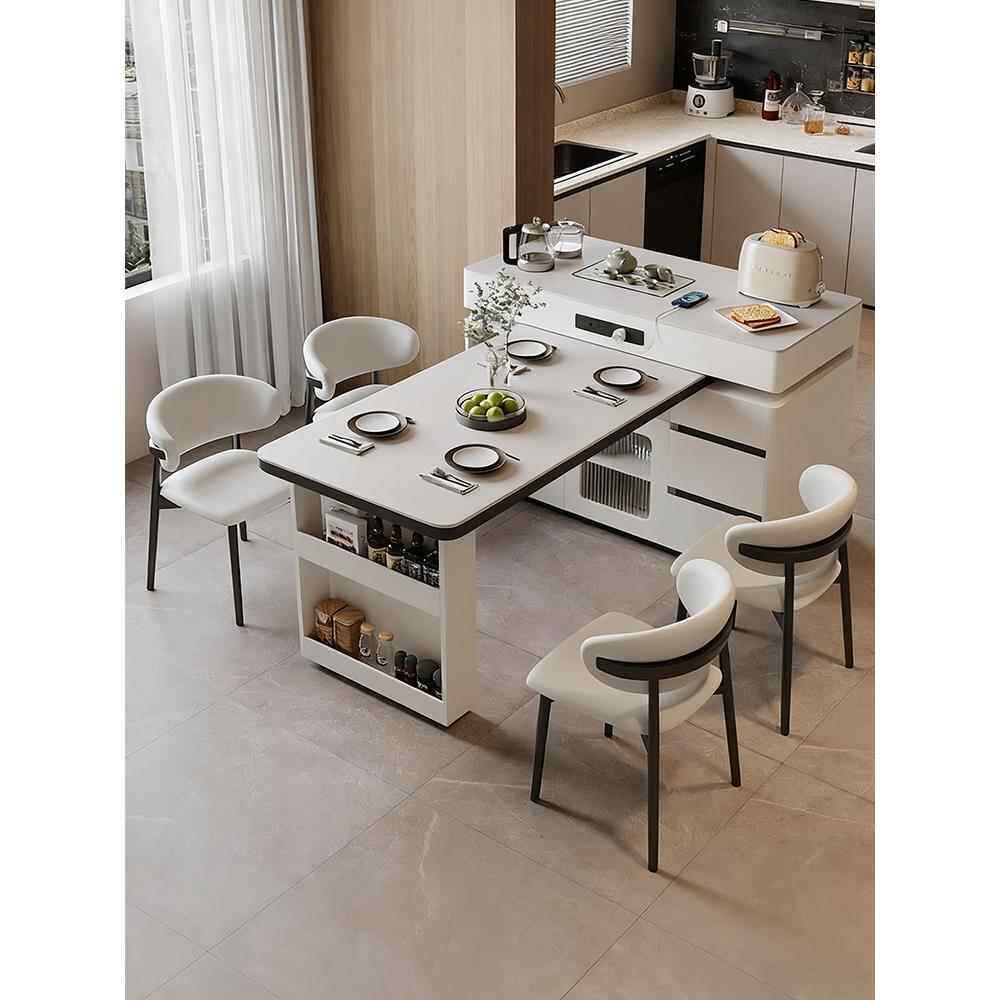 可旋转伸缩岩板岛台餐桌一体式家用小户型现代简约多功能厨房吧台