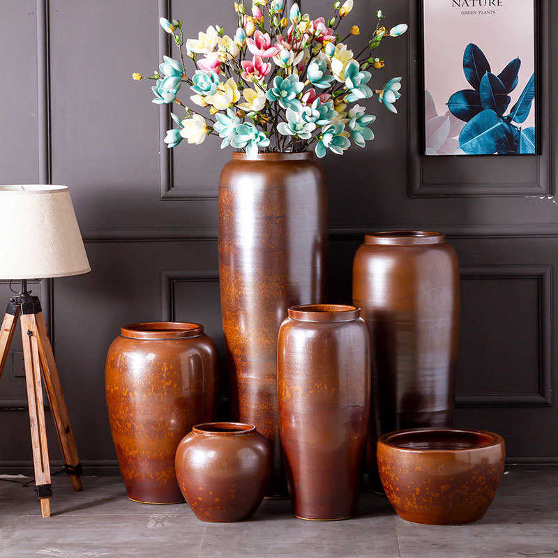 复古景德镇陶瓷大花瓶三件套 落地大号花瓶 上釉变色陶瓷花瓶摆件