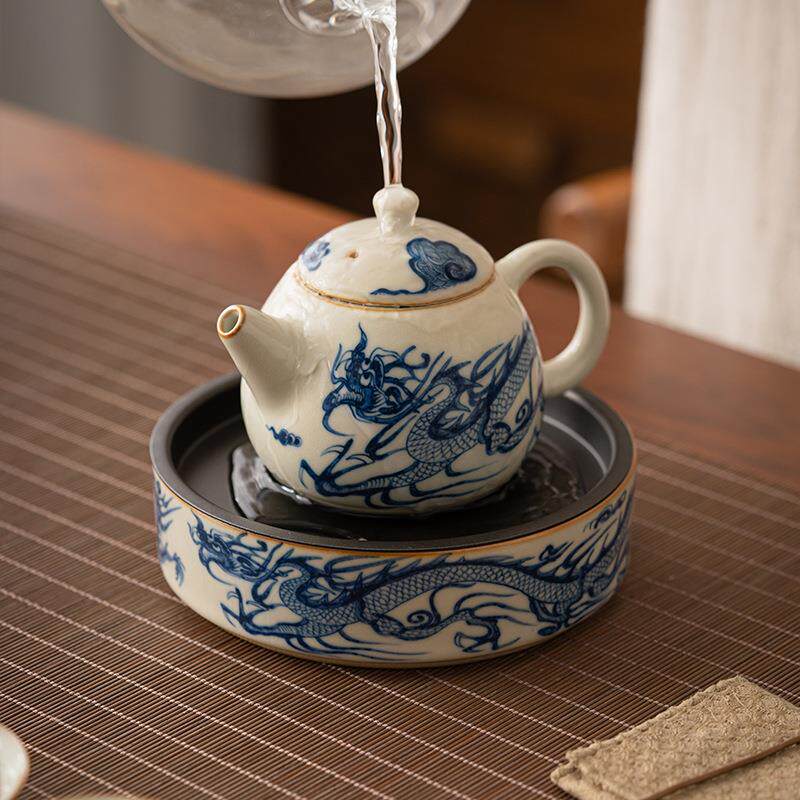 汝窑仿青花龙纹壶承合金干泡台开片紫砂壶养壶垫壶托储水茶具配件
