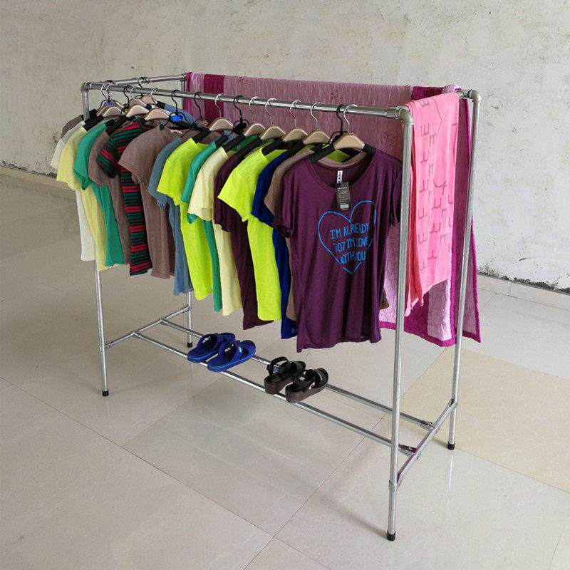 双排服装架展示架地摊落地晒被货架挂衣服架子阳台镀锌水管晾衣架