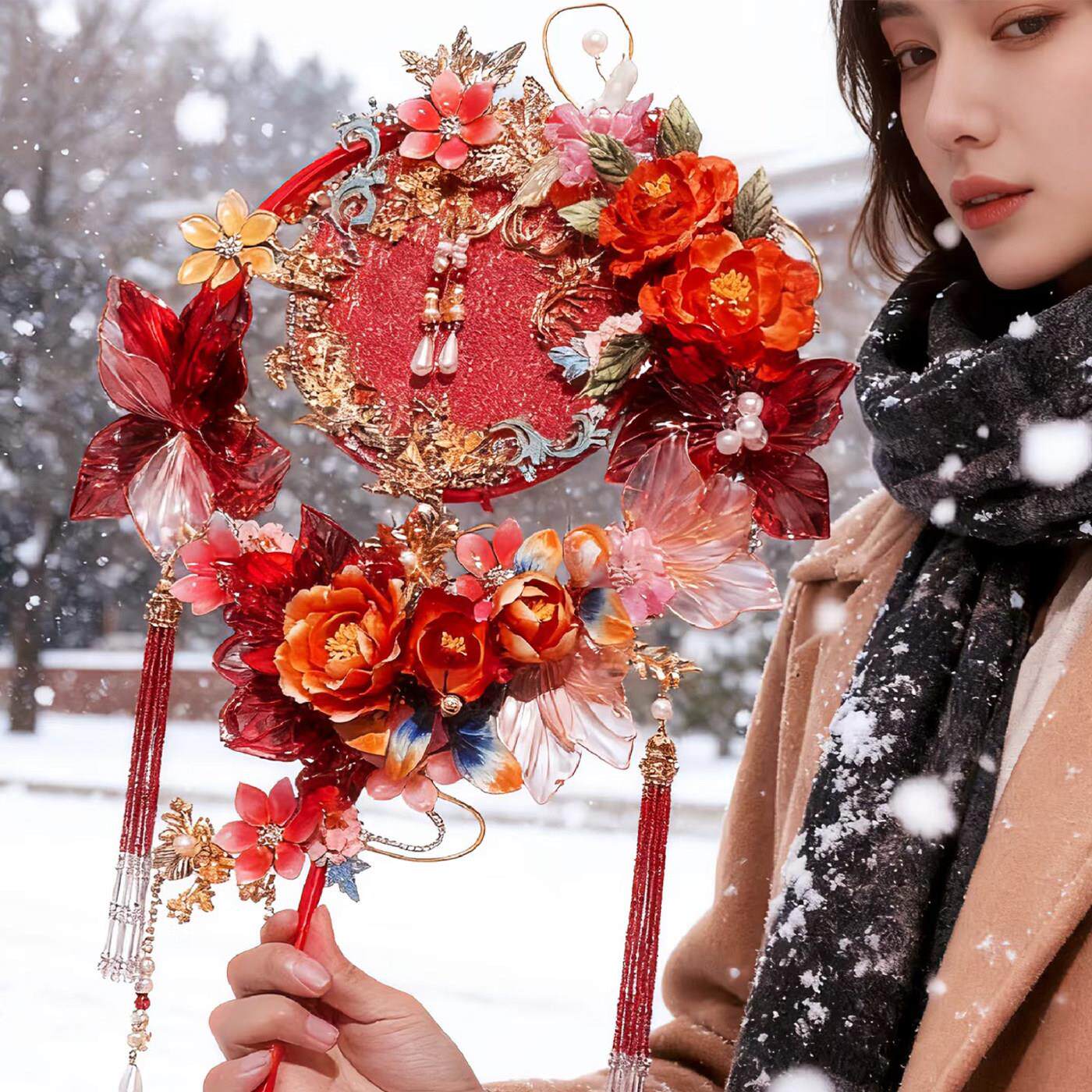 雪卉非遗绒花中式婚礼新娘结婚团扇新婚礼物高档diy重工喜扇