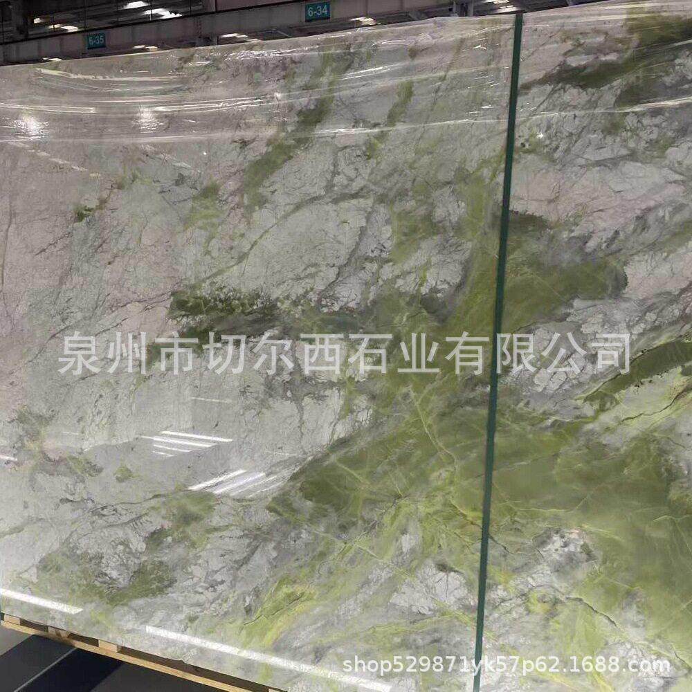 天然分迪绿大理石绿色大理石透光石别墅背景墙装修工程岛台面板