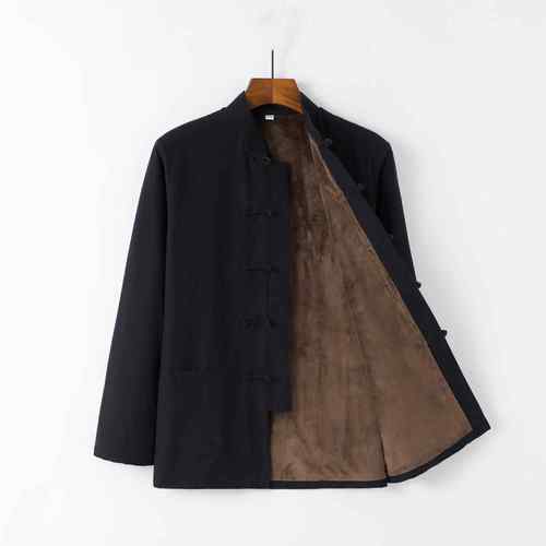 高档祥瑞唐春秋中式纯老粗布唐装士上衣保暖男加双层绒长棉袖外套