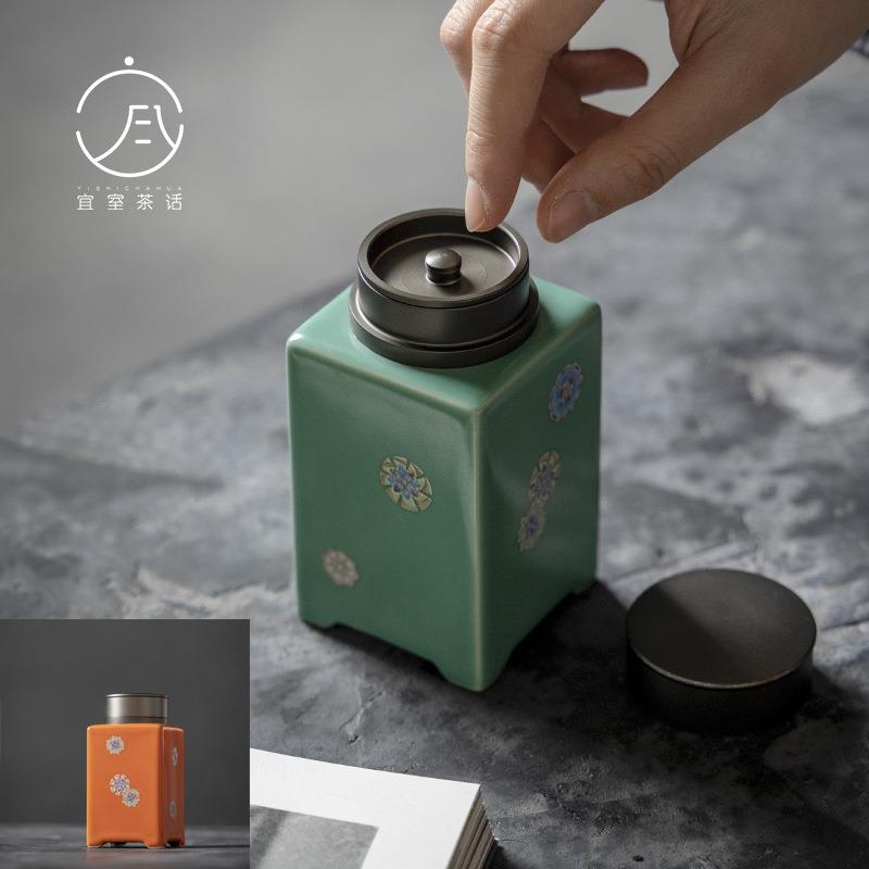 宜室茶话 陶瓷茶叶罐 锡盖双层密封罐存茶罐茶仓储物罐茶道配件