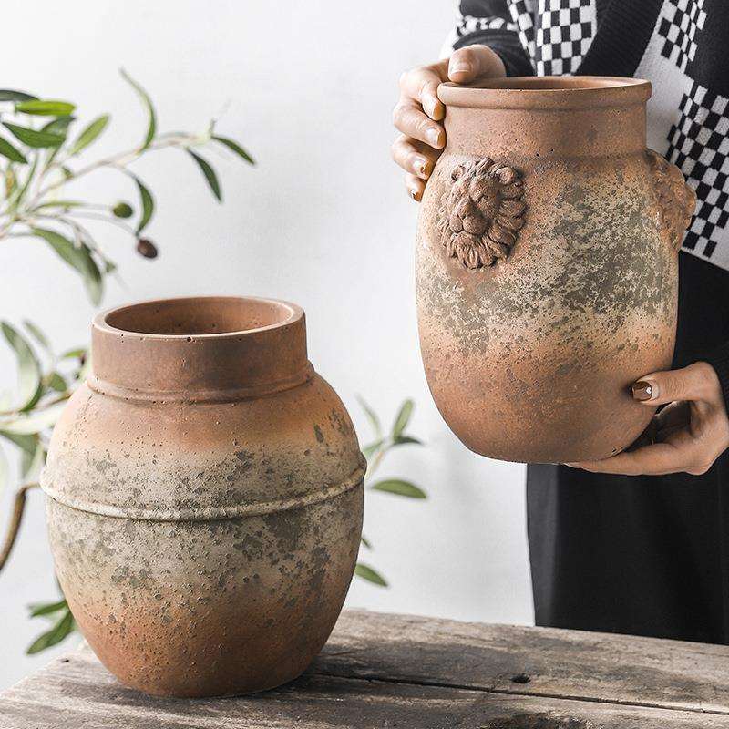 高档艺术仿古陶罐复古红陶手工粗陶绿植水泥花瓶创意摆件小号花器