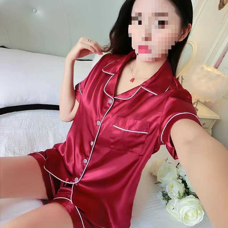 女士春夏季短袖纯色冰丝睡衣女夏薄款家居服丝绸开衫大码简约套装