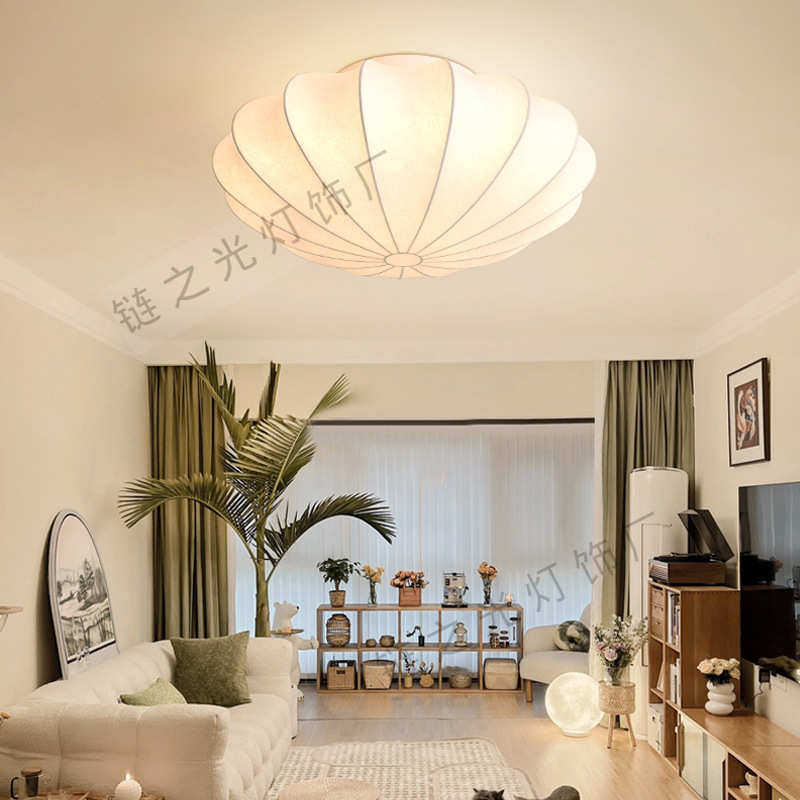 蚕丝日式卧室书房灯诧寂风民宿温馨浪漫客厅圆形南瓜云朵吸顶灯