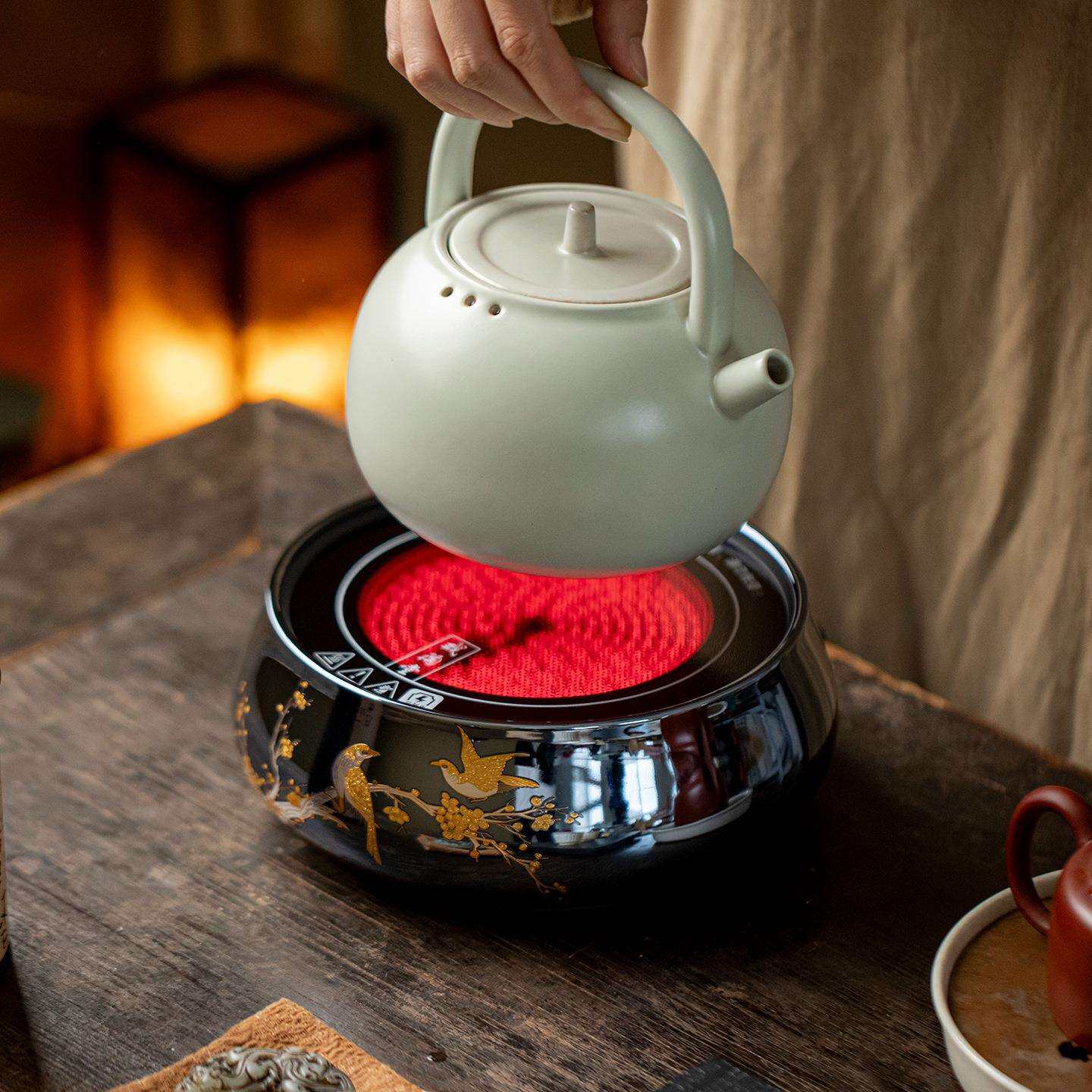 弥言高档金银烧电陶炉中式喜上眉梢高功率煮茶炉玻璃陶壶加热底座