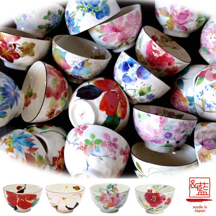 日本美浓烧和蓝水彩花卉繁花陶瓷米饭碗家用汤碗日式料理碗餐具