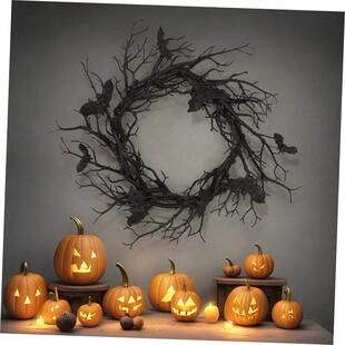 Black Branch LED Wreath Light Red Bat With Halloween Wreaths