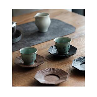 Rainwood |八角形杯垫日式黑胡桃漆手雕杯垫茶具实木茶道杯垫