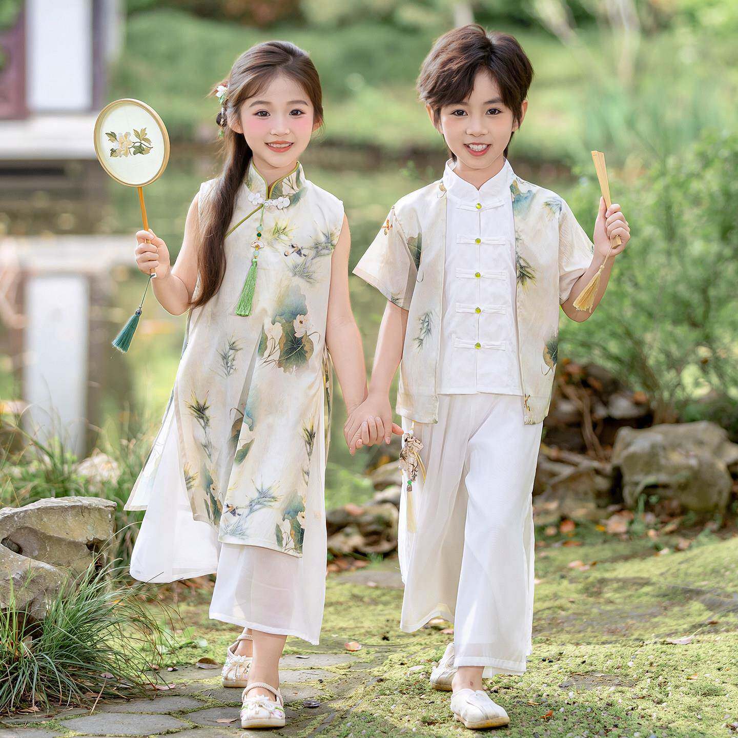 儿童中国风莲花汉服套装幼儿园六一舞台演出服小学生新中式朗诵服
