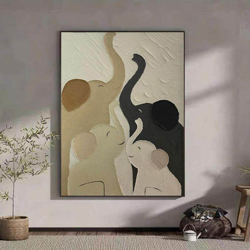 纯手绘油画大象客厅玄关装饰画奶油风动物立体肌理画主卧房间挂画