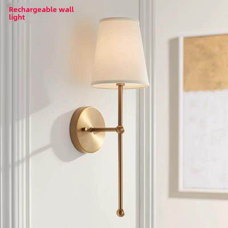 卧室床头灯全铜免接线北欧现代简约黄铜色壁灯布艺客厅背景墙灯