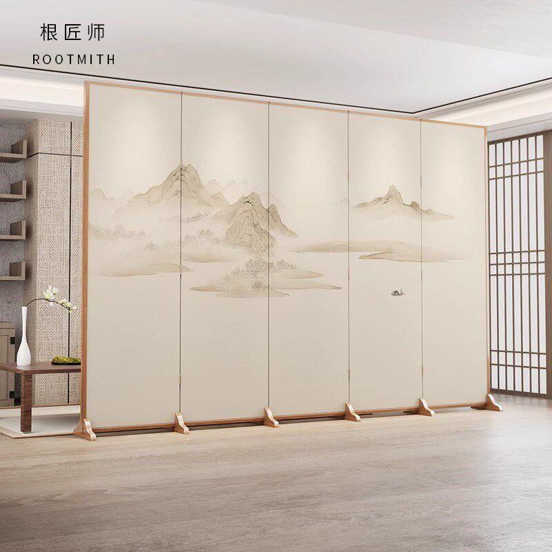 新中式屏风现代简约山水折叠移动办公室茶室实木隔断屏风客厅玄关