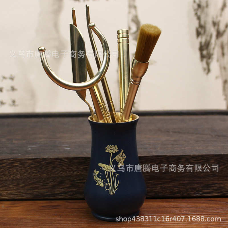 黄铜茶道六君子套装功夫茶具纯铜配件用品夹子刷子茶台桌泡茶工具