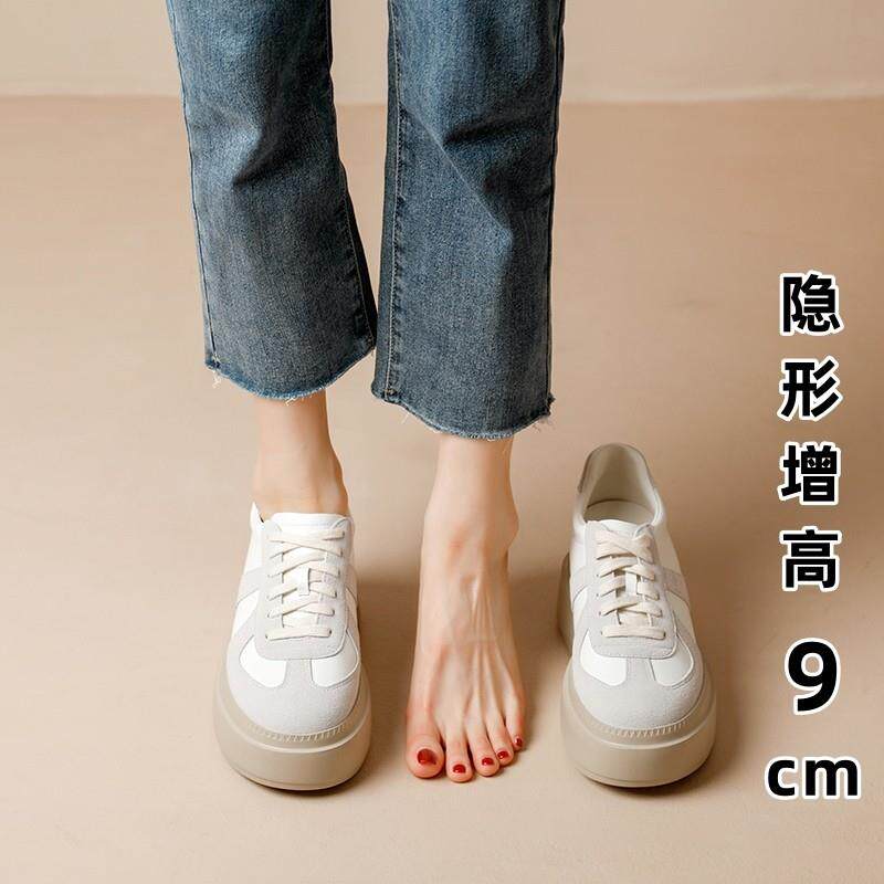 港风轻奢新款~真皮厚底德训鞋女春季内增高百搭松糕运动休闲板鞋