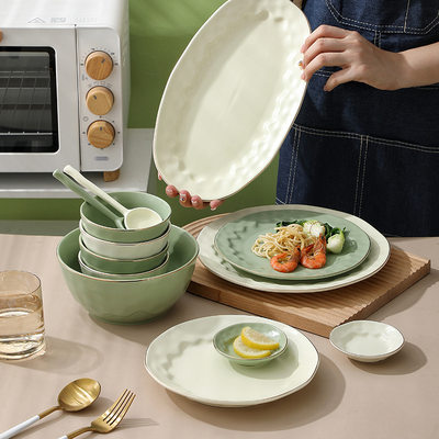 北欧轻奢奶油风碗碟套装家用高级感金边雪地陶瓷餐具碗盘碗筷组合
