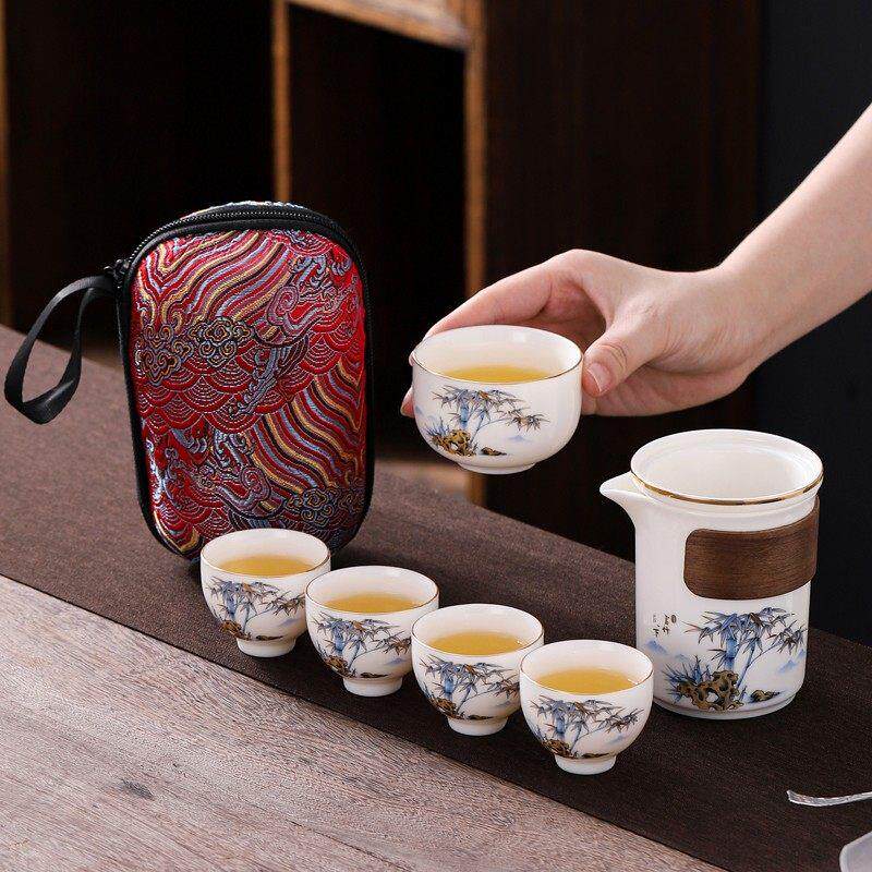 旅行茶具套装便携式一壶五杯野外出行便携式简约陶瓷泡茶壶露营
