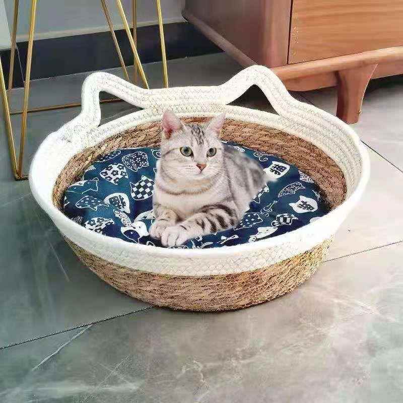 蒲草藤编猫窝网红草编狗窝猫抓板窝夏季清凉日系四季通用宠物猫窝
