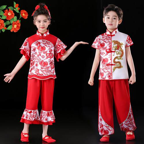 六一儿童秧歌演出服幼儿喜庆灯笼舞蹈服开门红打鼓民族扇子表演服