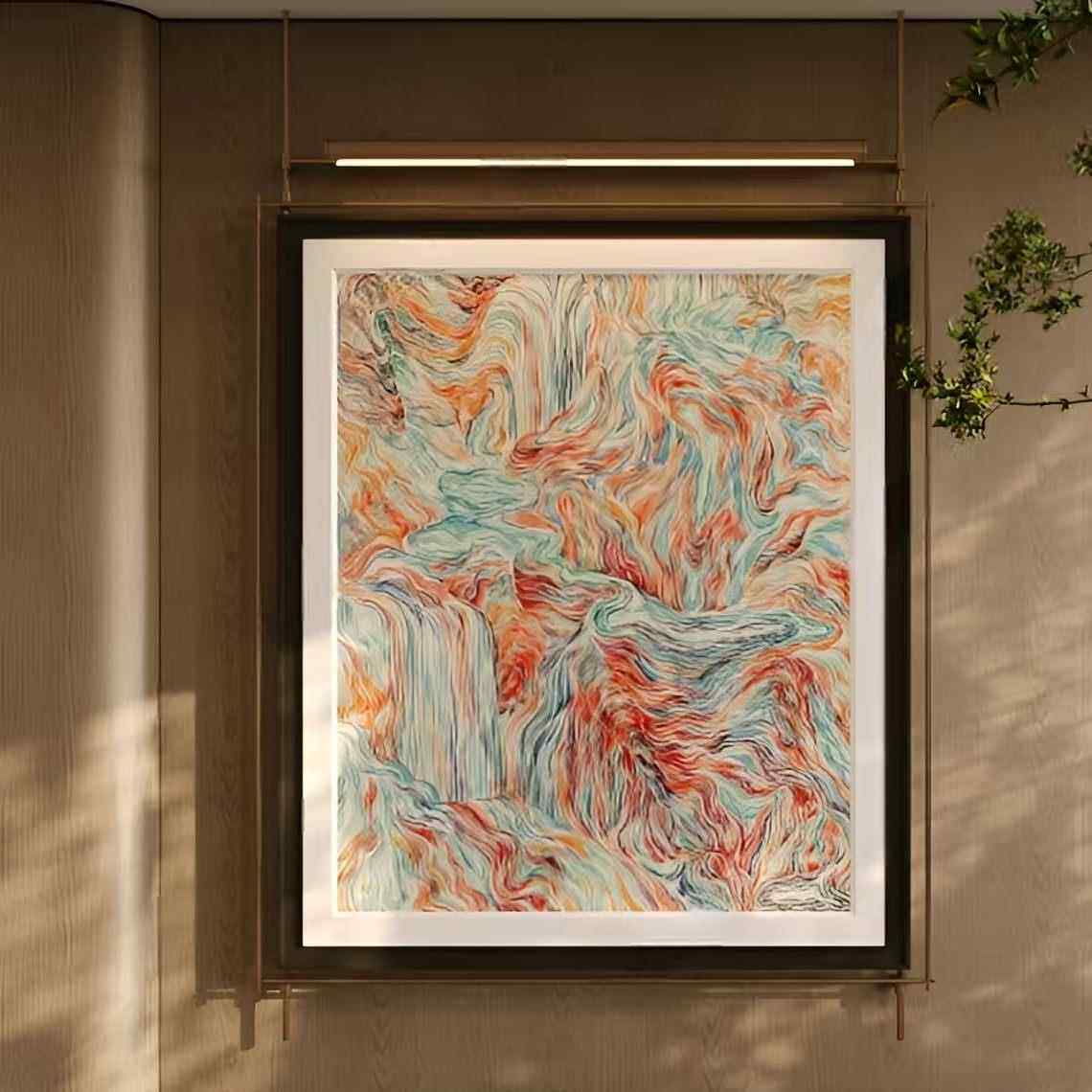意式极简高级感金属带灯装饰画现代餐厅吊杆挂画售楼部发光壁画灯