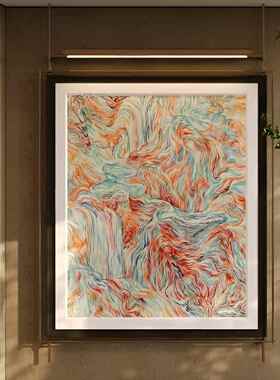 意式极简高级感金属带灯装饰画现代餐厅吊杆挂画售楼部发光壁画灯