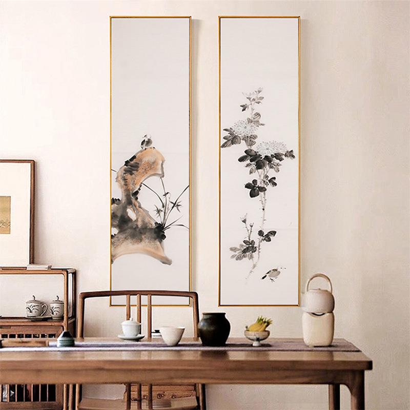 新中式原木玻璃装饰画四联画餐厅茶楼办公室书法挂画水墨梅兰竹菊