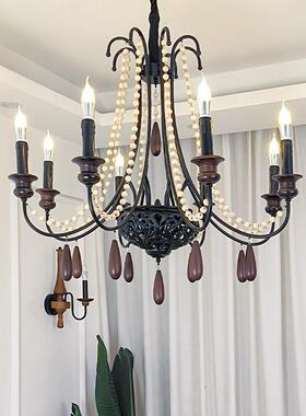 美式古682灯客厅吊主法式中古风餐复厅灯卧室灯实木蜡烛灯浪漫复