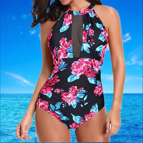 Mesh patchwork swimsuit, women's one-piece swimsuit,