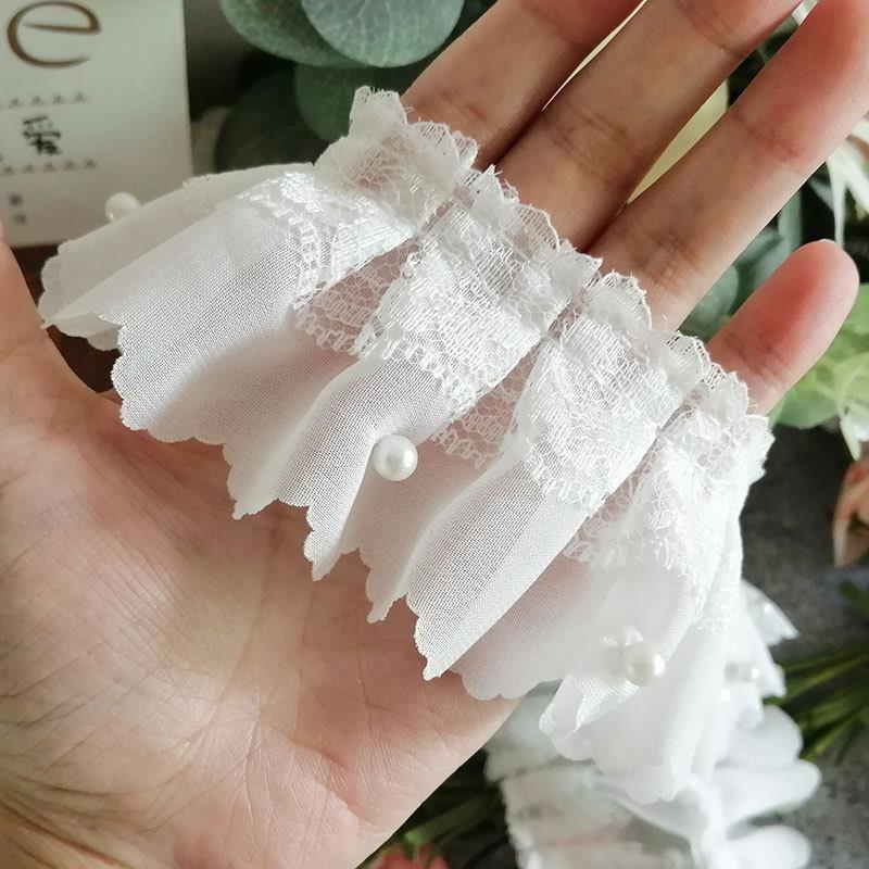 高档白色双层钉珠蕾丝花边辅料窗帘装饰服装褶皱压褶珍珠裙摆