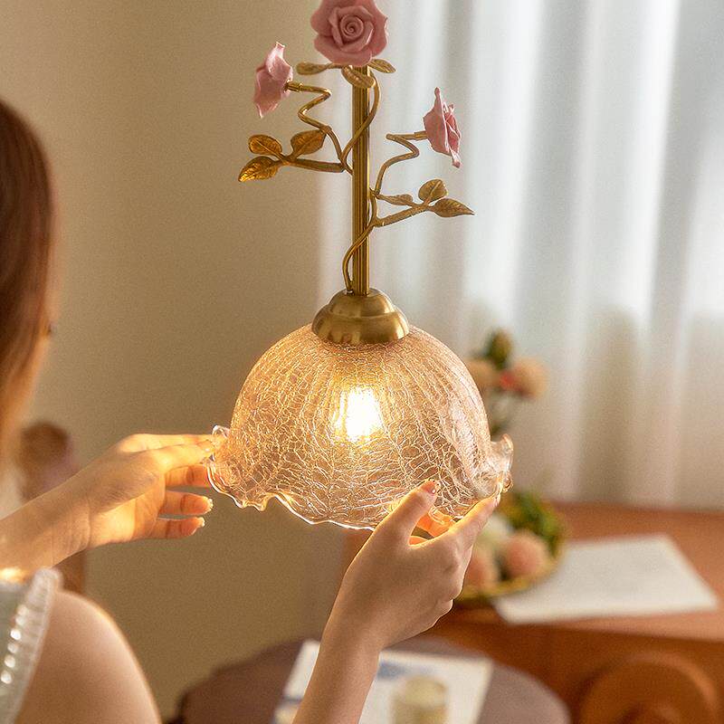 中古玫瑰花床头小吊灯法式复古黄铜水波纹走廊玄关吊线灯casagd
