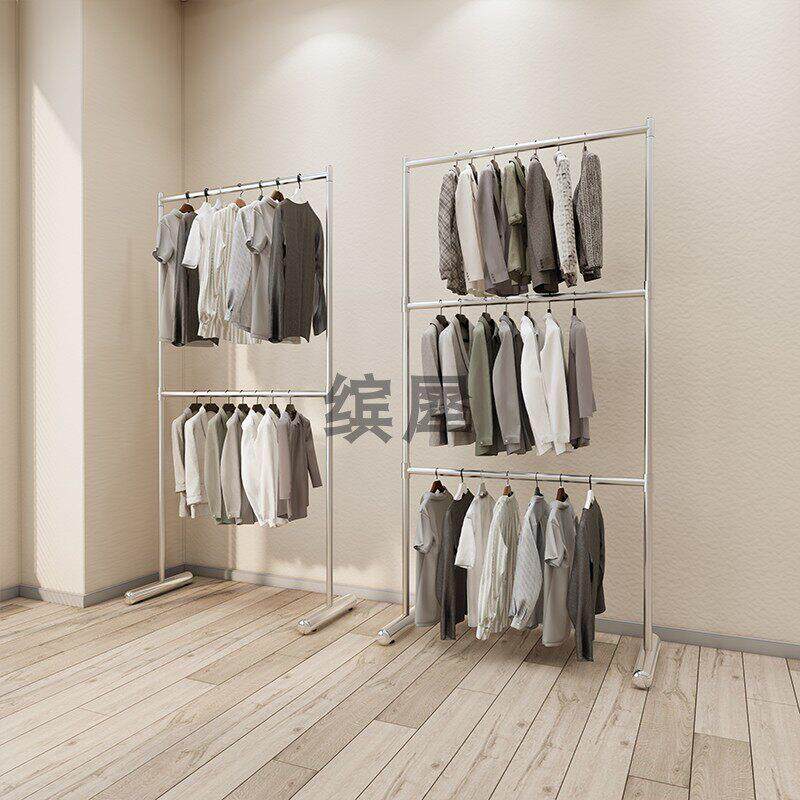 服装店展示架不锈钢银色落地双层可调节三层童装店挂衣货架加轮子