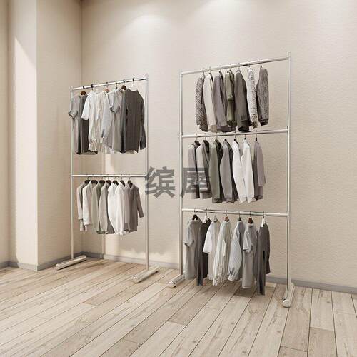 服装店展示架不锈钢银色落地双层可调节三层童装店挂衣货架加轮子