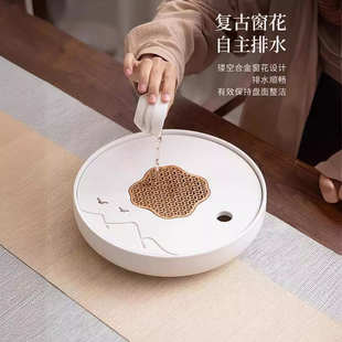 轻奢高档白瓷干泡茶台茶托盘 粗陶简约陶瓷茶盘小型家用圆形储水式