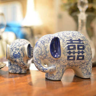 景德镇家居一对摆设喜字玄关摆件大象小象品陶瓷动物雕塑青花福字