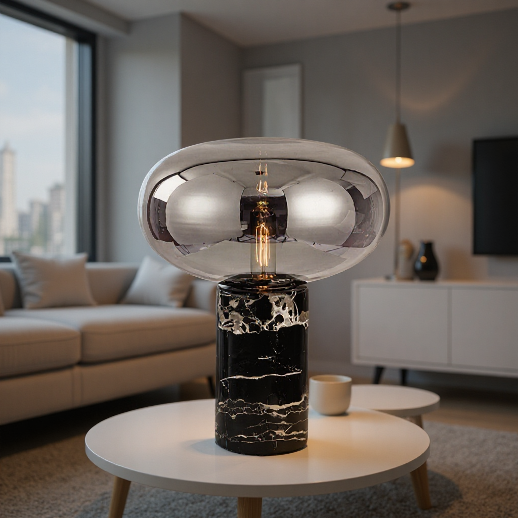 轻奢卧室书房创意台灯bed lamp蘑菇灯装饰玻璃球灯罩大理石台灯