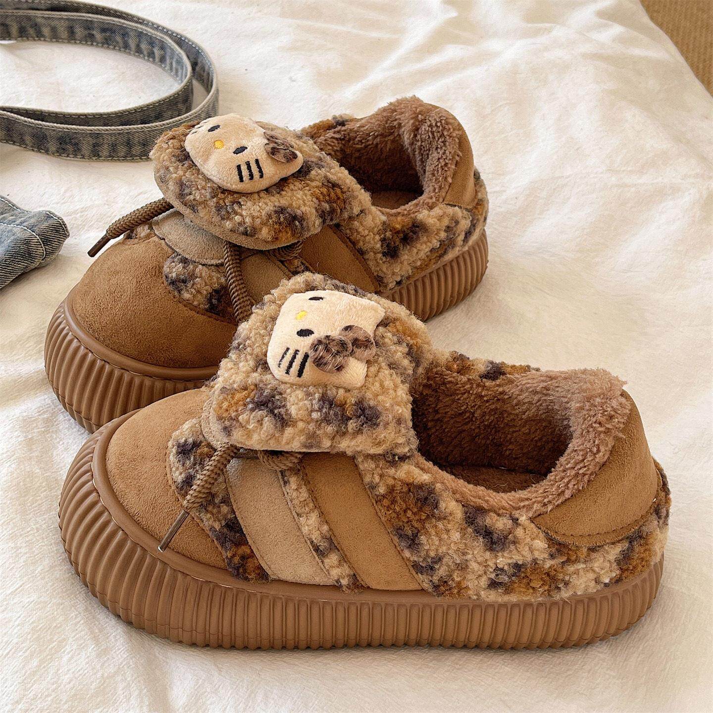 加绒棉拖鞋女冬季外穿可爱猫咪豹纹居家室内防滑厚底包跟保暖棉鞋