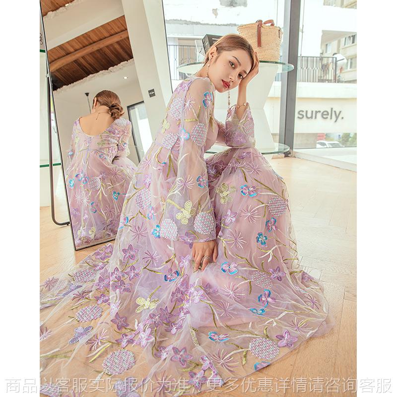 秋冬高腰绣花法式长款收腰紫色气质通勤长裙优雅方领连衣裙66044