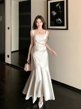 但你butyou白色缎面吊带连衣裙女夏季鱼尾长款订婚聚会宴会小礼服