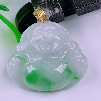 缅甸天然真品翡翠冰种18k金扣头冰飘绿花高端闪拍佛公玉吊坠5.67g