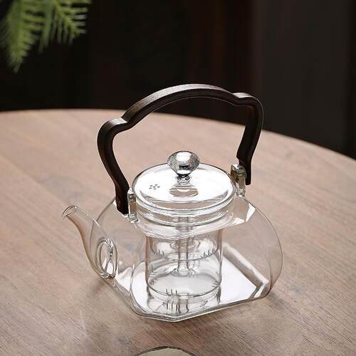八方侧把玻璃提梁壶 耐高温高硼硅玻璃沏茶壶家用水分离单壶