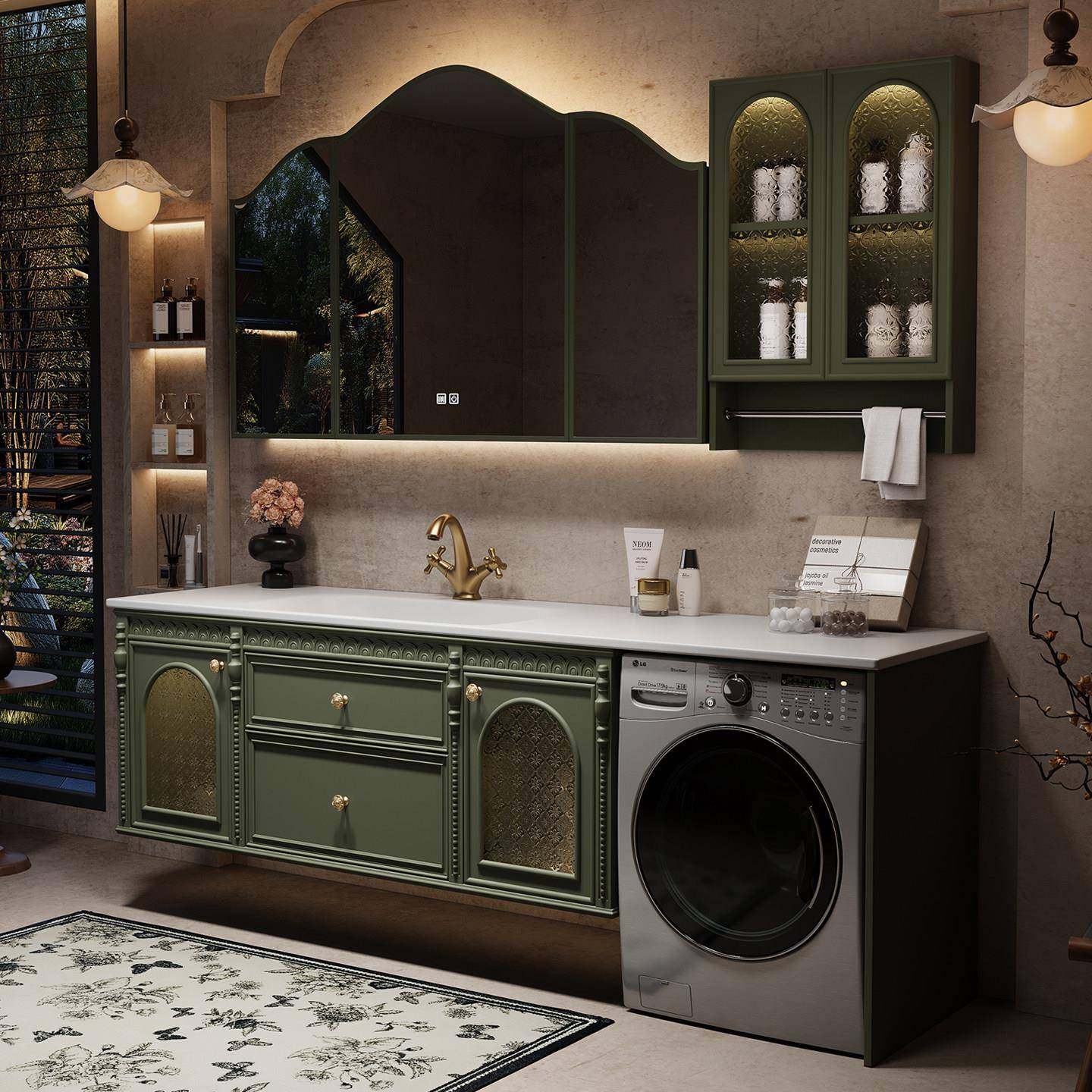 橡木阳台洗衣机一体柜组合法式复古卫生间浴室柜岩板洗手台洗脸盆,家装主材,浴室柜组合,淘宝优惠券,粉丝福利购,淘宝优惠卷