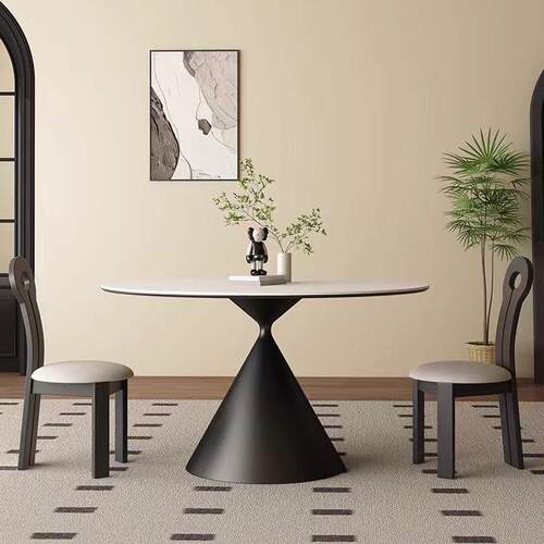 用法洽谈桌岩板圆形餐桌白色现代简约圆137桌式小纯户型家饭桌椅