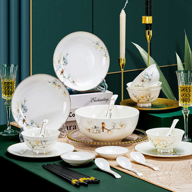 骨瓷餐具碗筷套装 景德镇中式家用陶瓷碗盘碟子活动礼品套盒瓷器