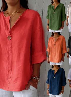 Women's T-shirt V-neck Cotton Hemp Top