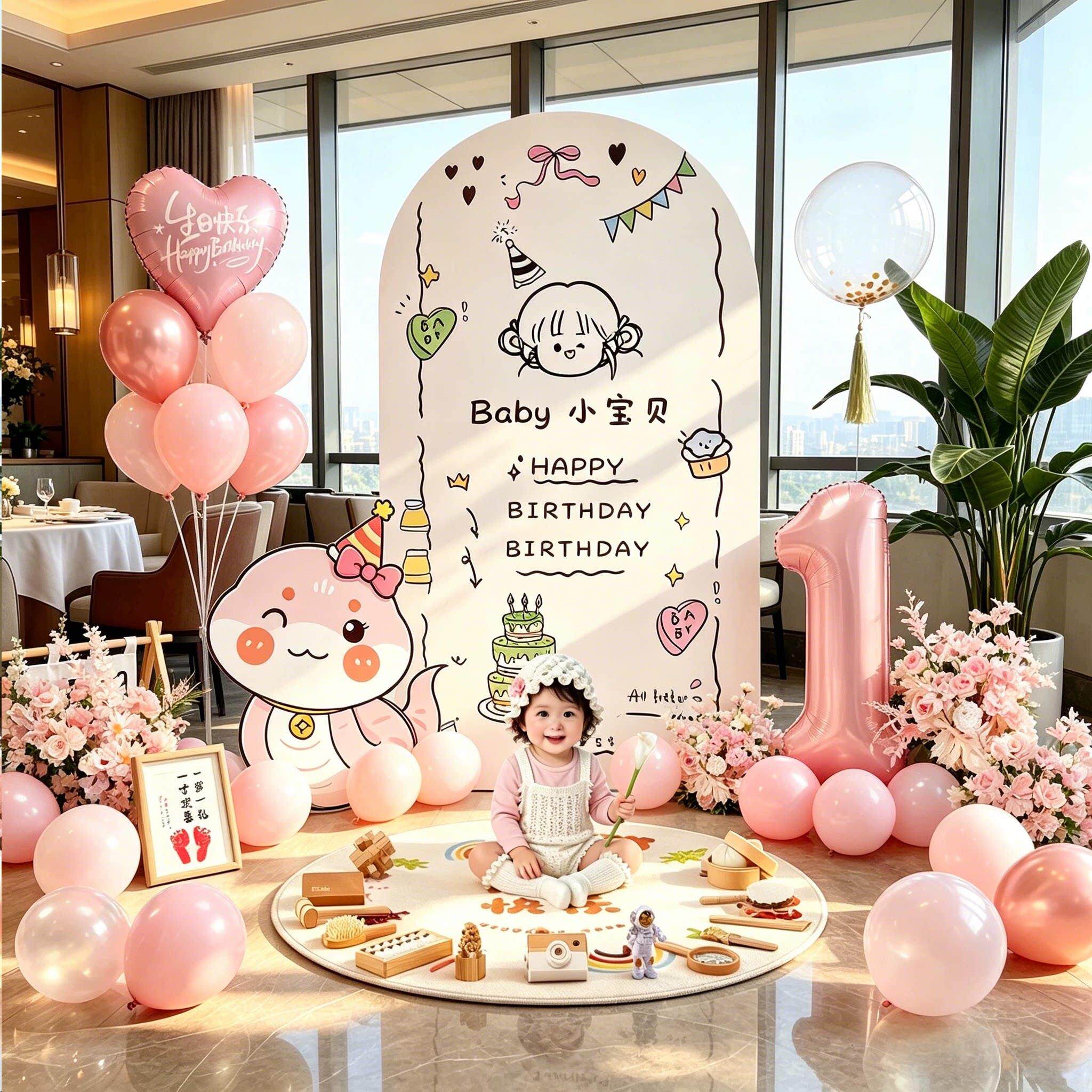 女宝宝一周岁生日布置场景氛围感装饰男孩ins风抓周礼背景墙kt板